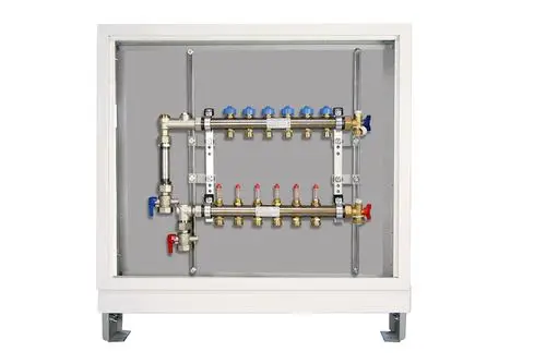 Verteilerstation mit mehreren Anschlüssen, Rohren und Ventilen, montiert in einem weißen Gehäuse. Produkt von Roth, ausgelegt für Heizungsanwendungen.